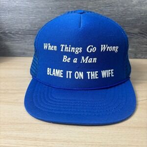 Vintage Hat Cap‎ Snapback Blue Trucker Funny Blame It On The Wife Marriage